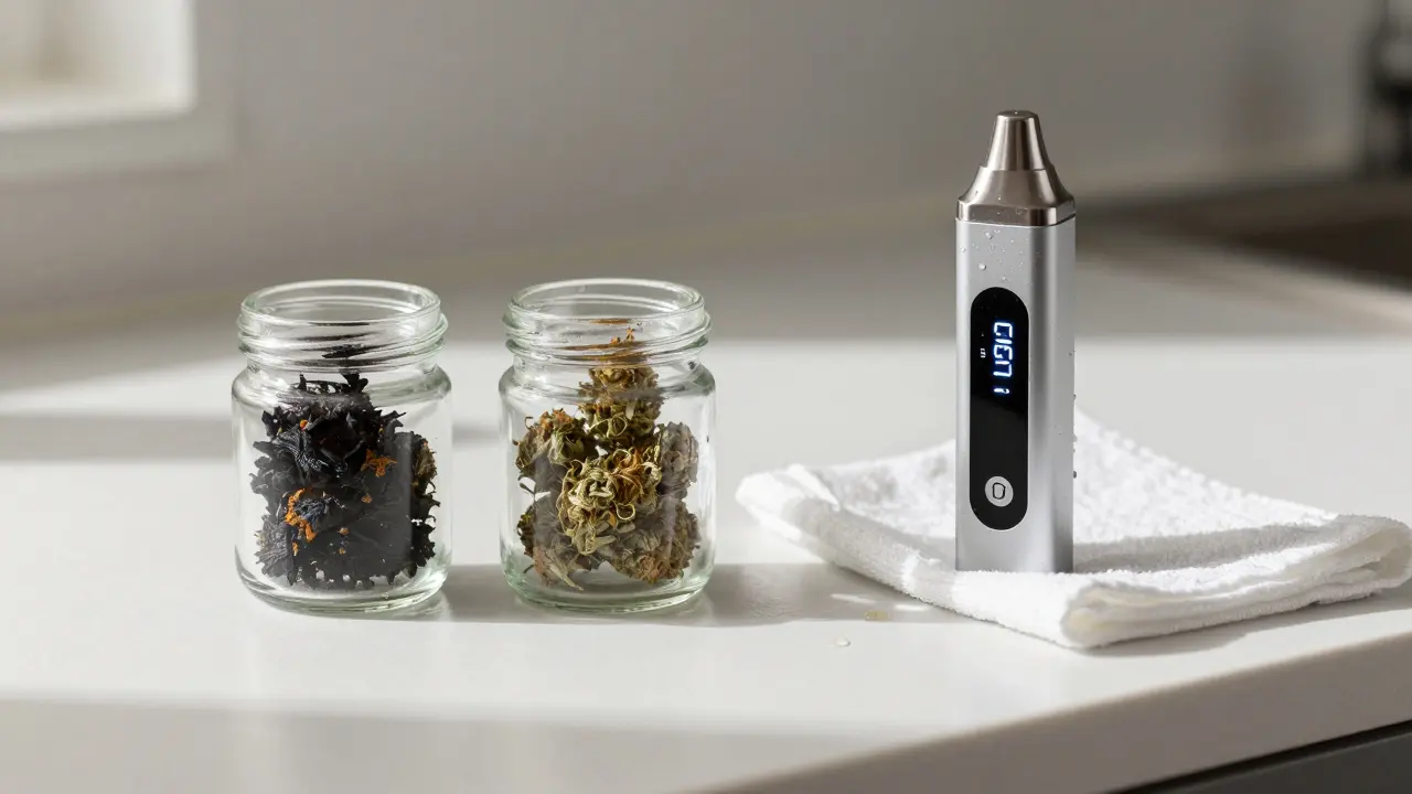 Zwei Gläser mit Cannabis-Resten: eine Seite verkohlt vom Rauchen, die andere intakt neben einem digitalen Dampfer mit Temperaturanzeige.