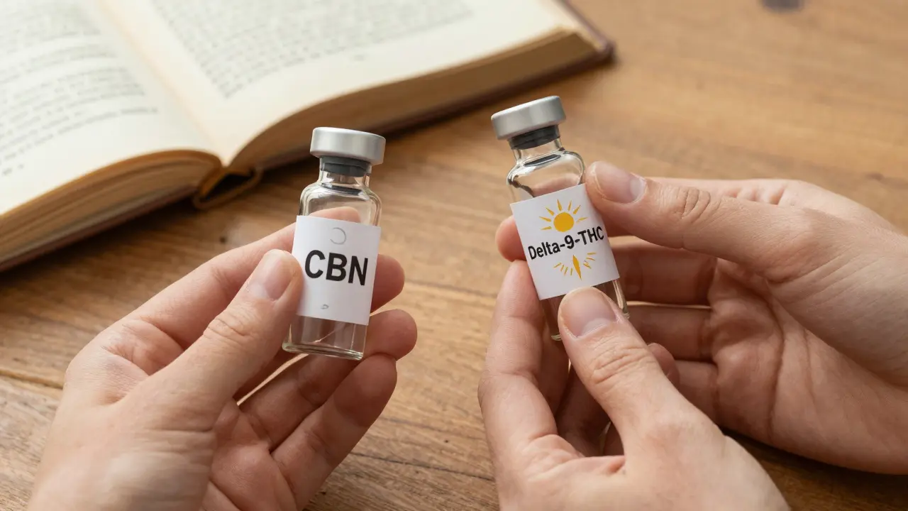 Zwei Glasflaschen mit CBN und Delta-9-THC auf einem Holztisch neben einem alten botanischen Journal.