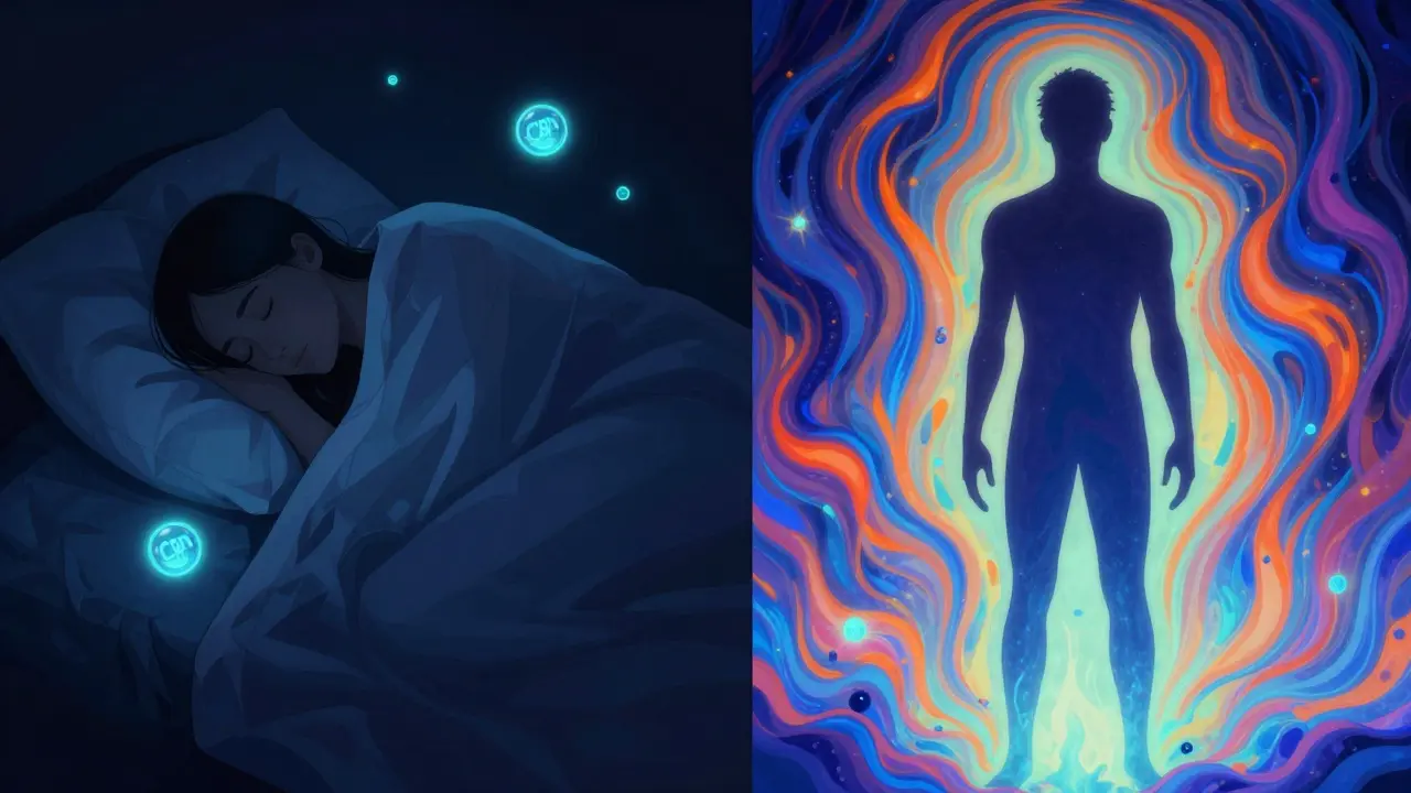 Zwei Silhouetten: eine schlafende Person mit sanften CBN-Wellen und eine andere in einem psychedelischen Delta-9-THC-Strahl.