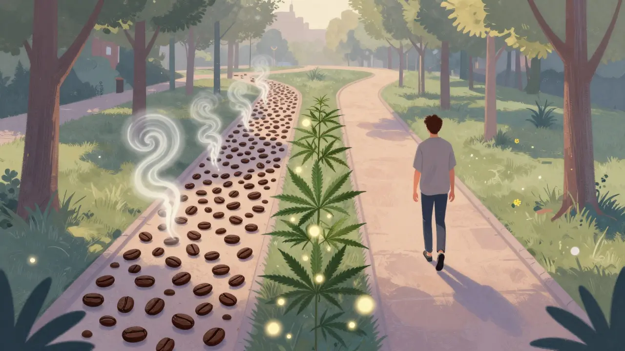 Zwei Wege durch einen Park, einer mit Kaffee, der andere mit Cannabis, eine Person begeht beide gleichzeitig, symbolisch für unterschiedliche Energiequellen.