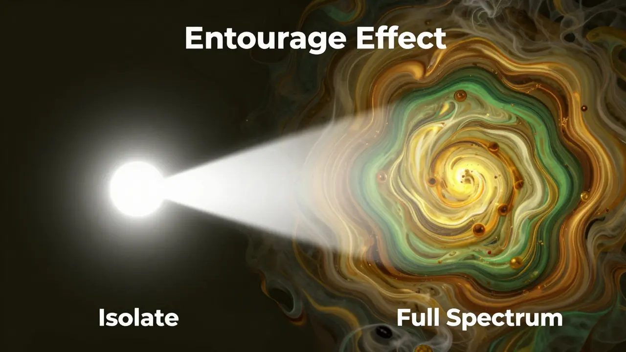 Abstrakte Darstellung des Entourage-Effekts mit farbigen Wirkstoffströmen.