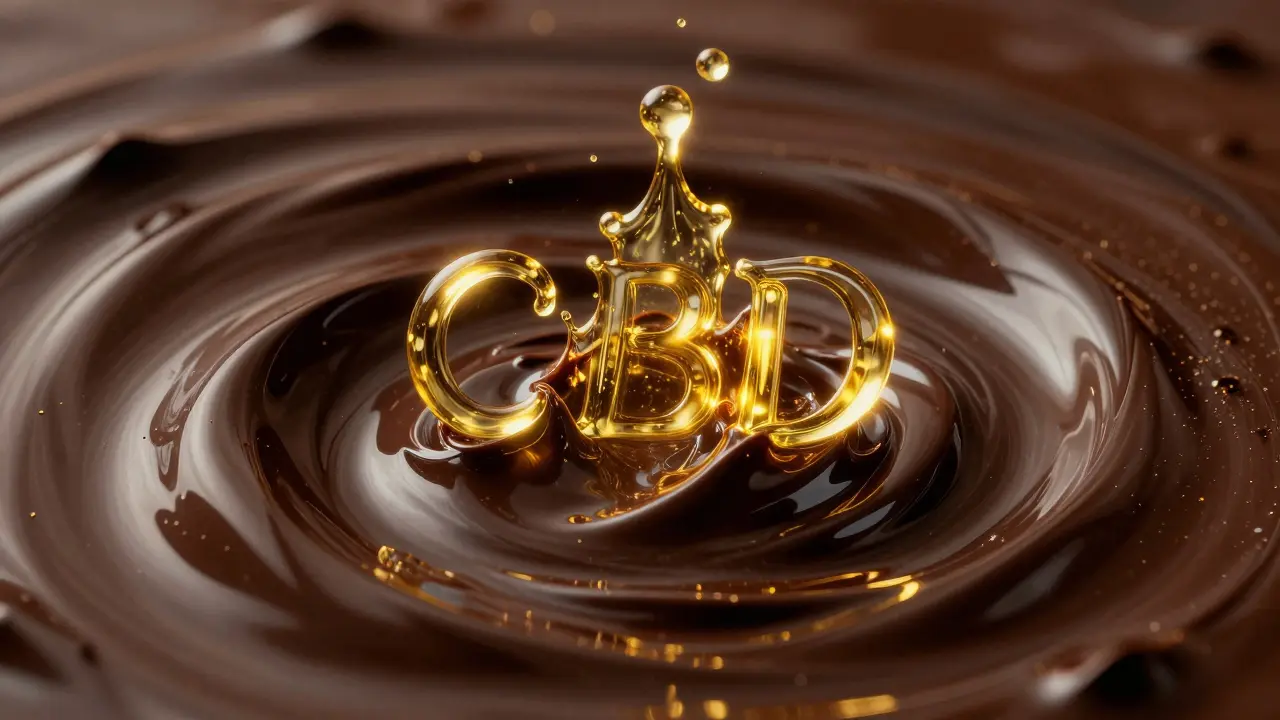 Abstrakte Darstellung von geschmolzener Schokolade und goldenem CBD-Öl.