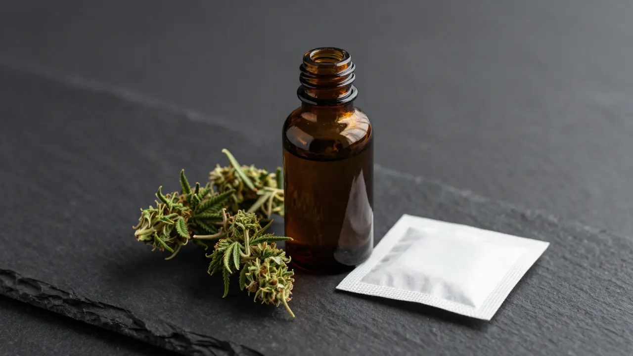 CBD-Blüten in einem dunklen Apothekerglas mit Feuchtigkeitsregler.