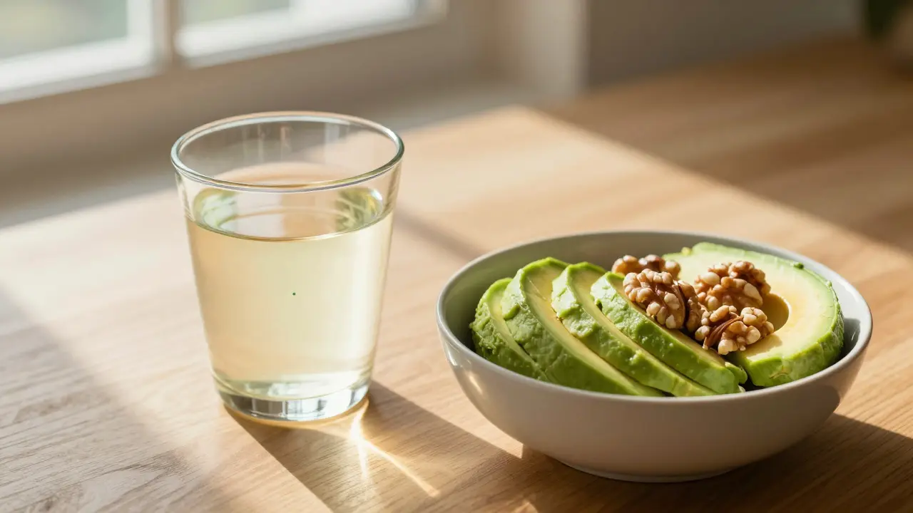 CBD-Getränk neben einem Frühstück mit Avocado und Nüssen im Morgenlicht.