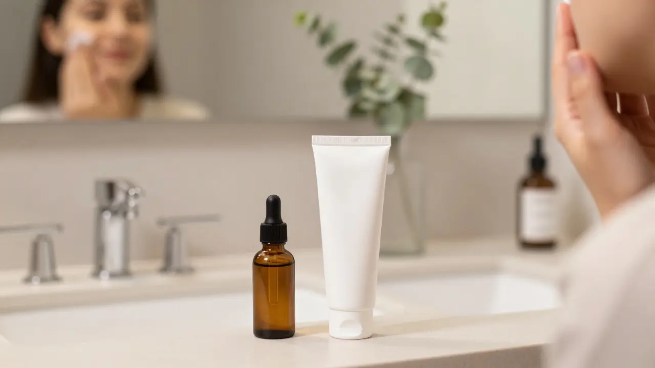 CBD-Öl und Gesichtscreme auf einem Badezimmerwaschtisch für die tägliche Hautpflege.