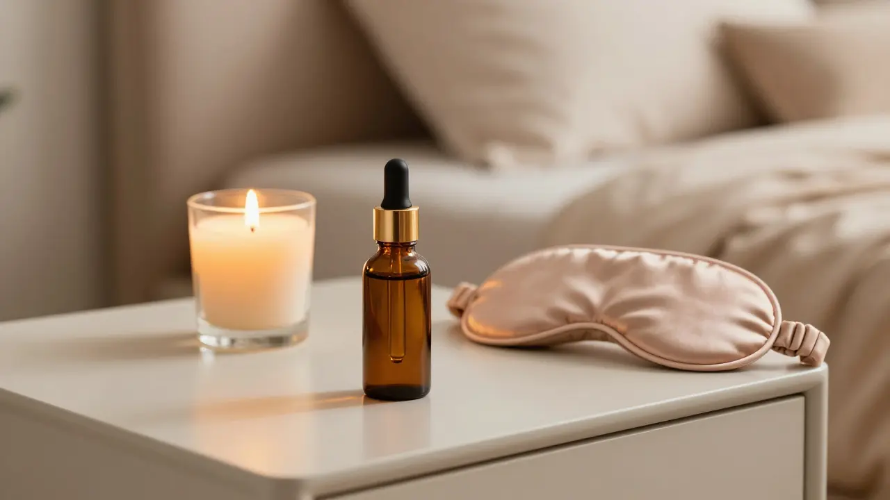 CBD-Ölflasche und Kerze auf einem Nachttisch in einem eleganten Schlafzimmer