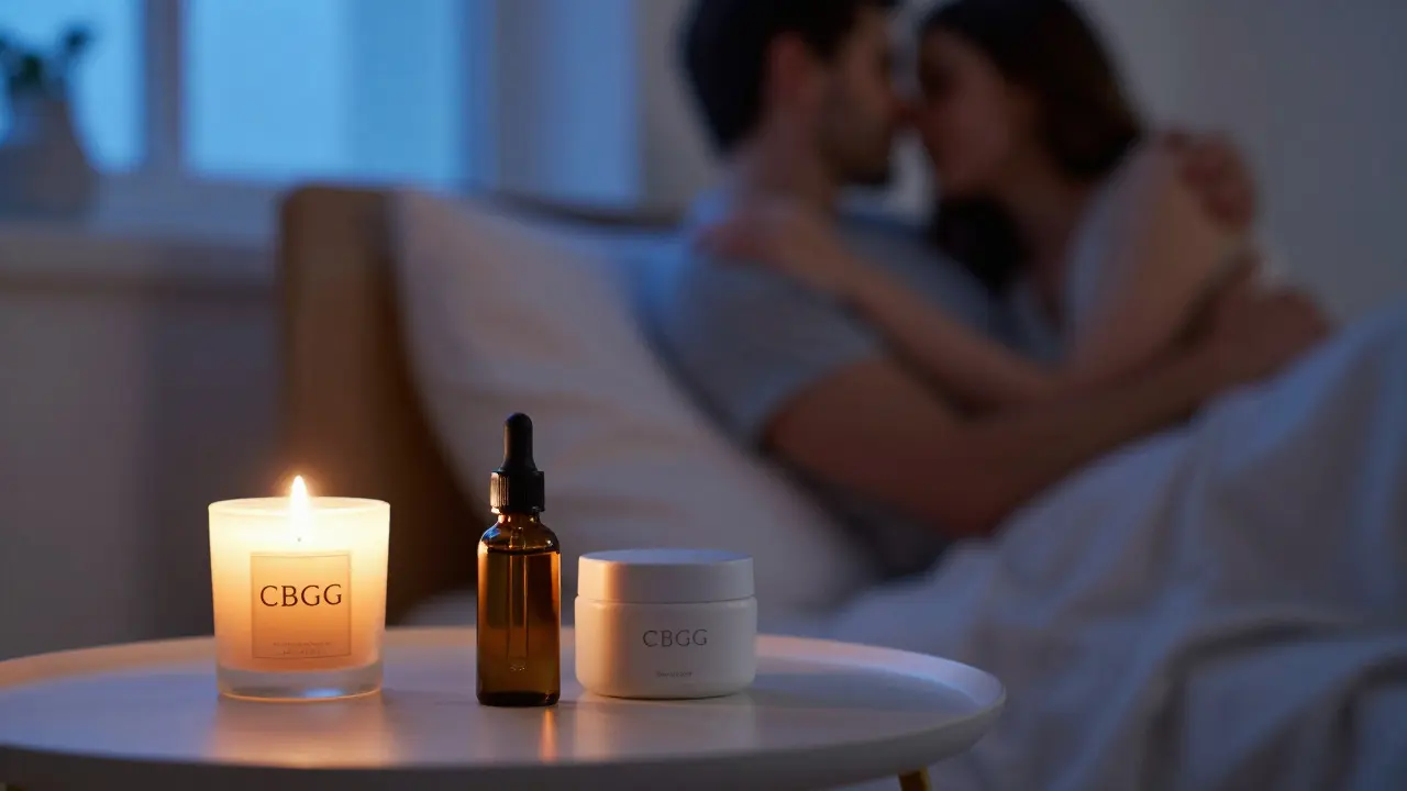 CBG-Öl und Creme auf einem Nachttisch in einer romantischen, gemütlichen Atmosphäre.