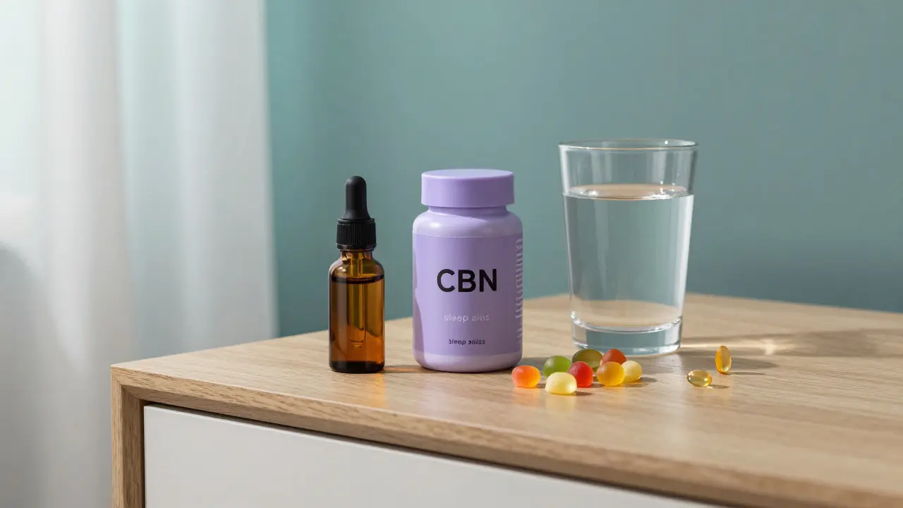 CBN-Produkte wie Öl, Gummies und Kapseln auf einem Nachttisch am Abend.