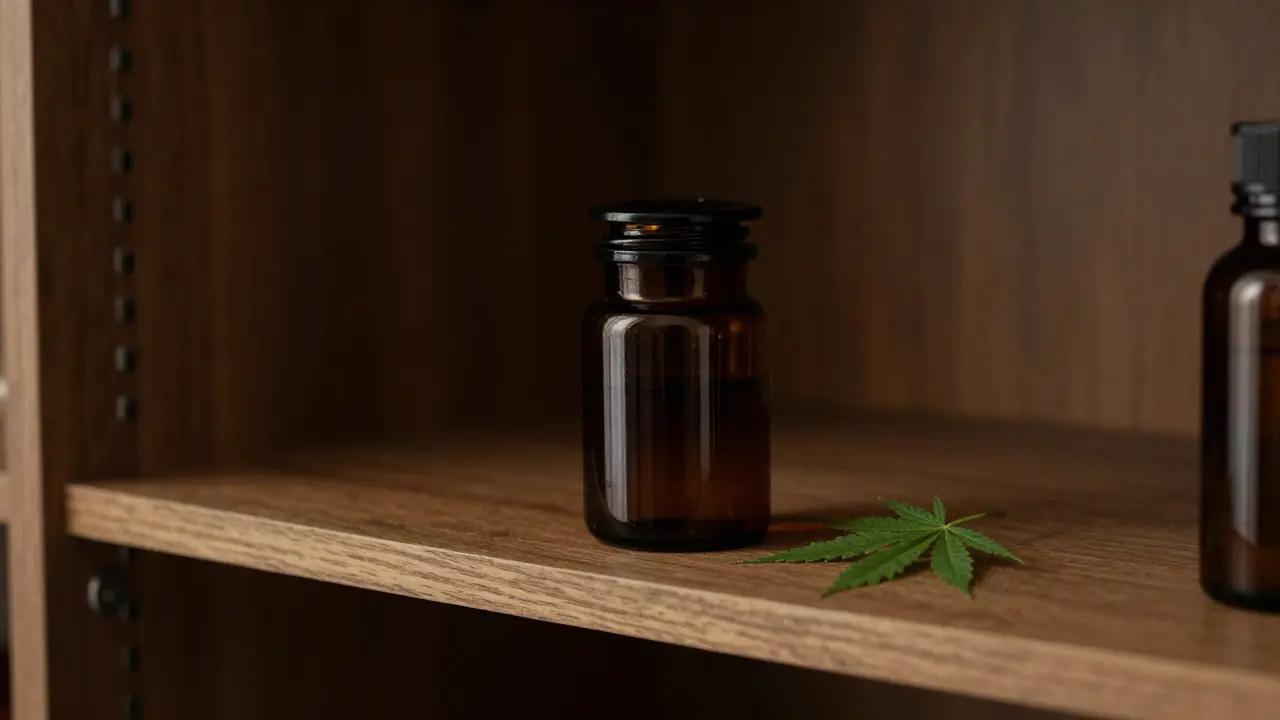 Ein dunkles Apothekerglas zur Lagerung von CBD-Hash in einem kühlen Schrank.