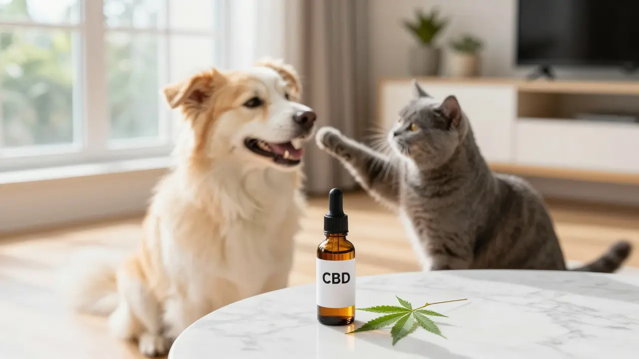 Ein glücklicher Hund und eine Katze in einem hellen Raum neben einer CBD-Ölflasche.