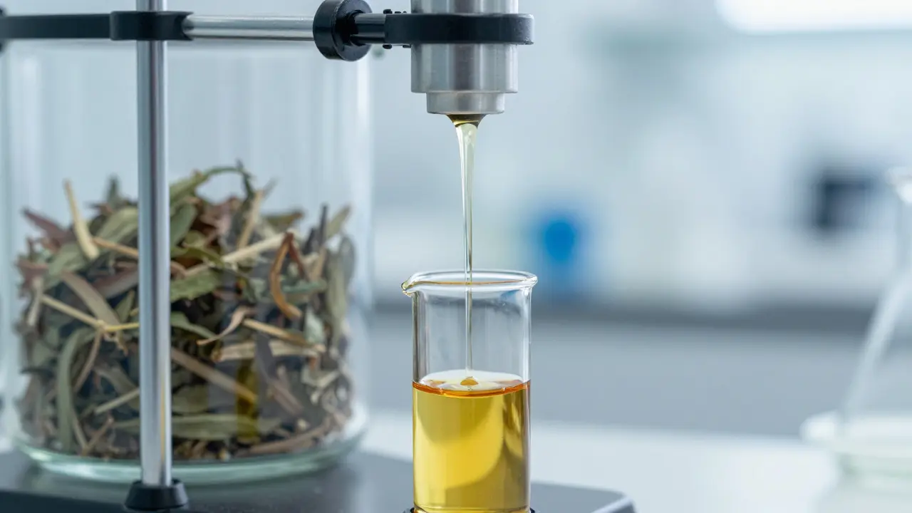 Ein Laborgerät zur CO2-Extraktion von natürlichem goldenem Cannabinoid-Öl.