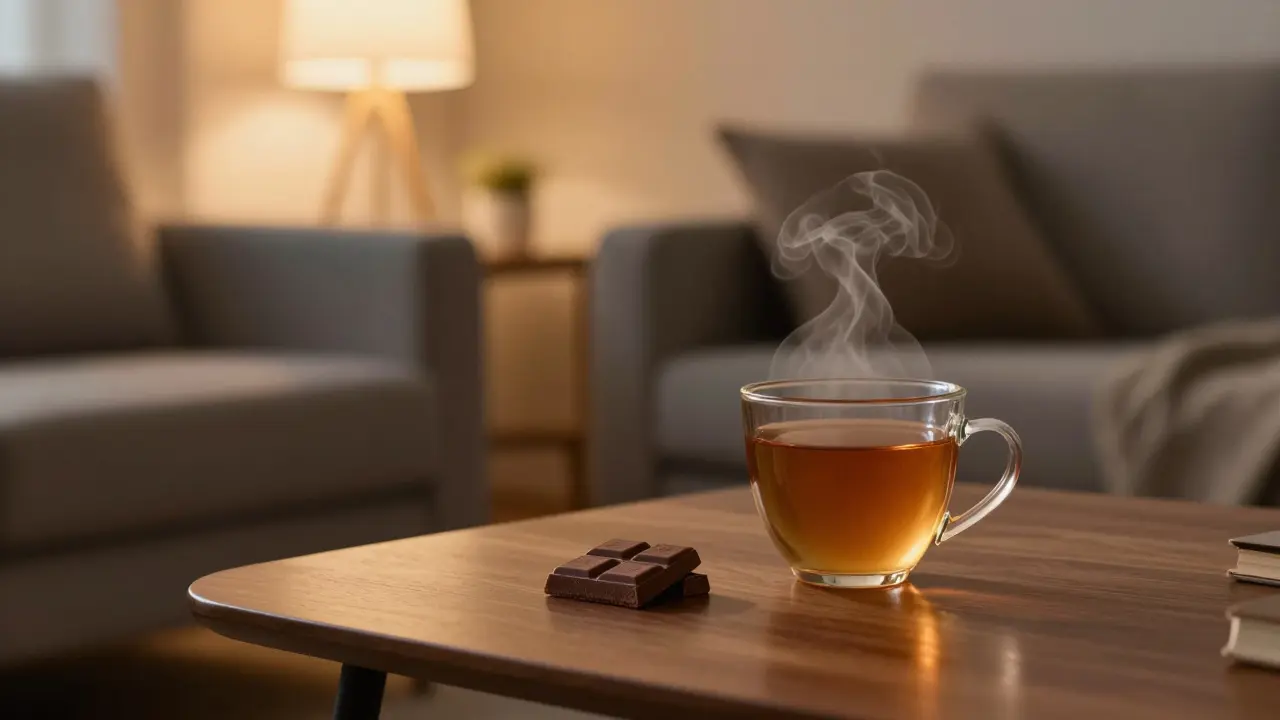 Ein Stück Schokolade und eine Tasse Tee in einer gemütlichen Abendstimmung.