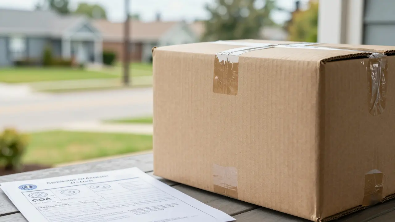 Ein Versandpaket und ein Laborzertifikat auf einer Veranda verdeutlichen die Prüfung von HHC-Produkten.