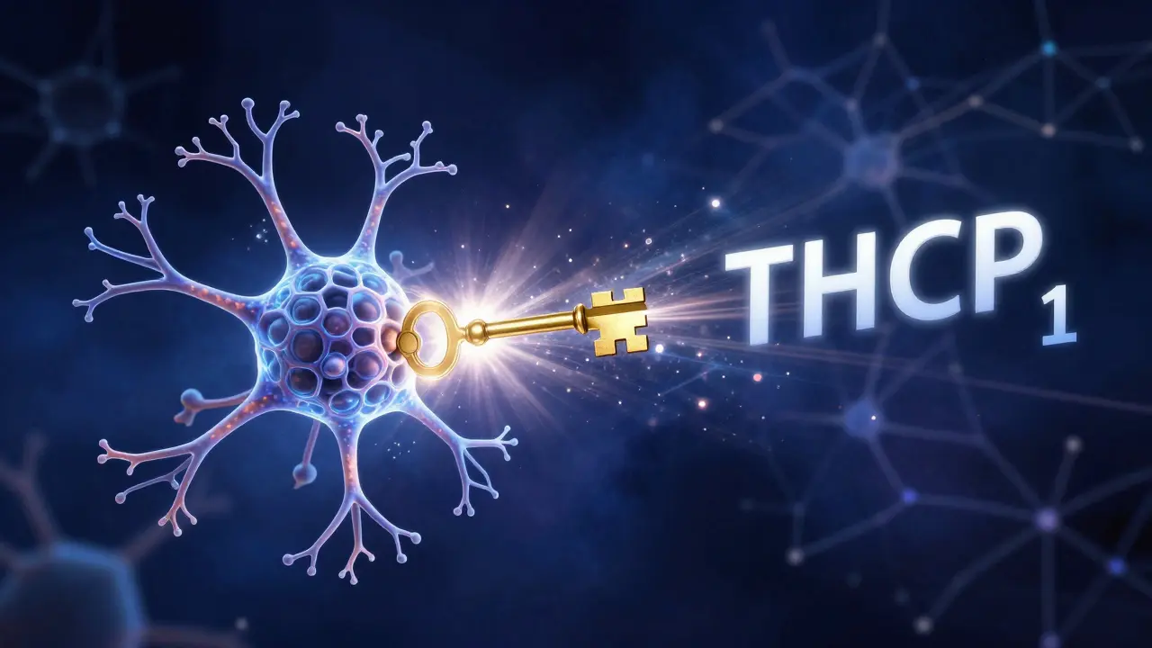 Eine 3D-Illustration eines THCP-Moleküls, das perfekt in einen Gehirnrezeptor passt.
