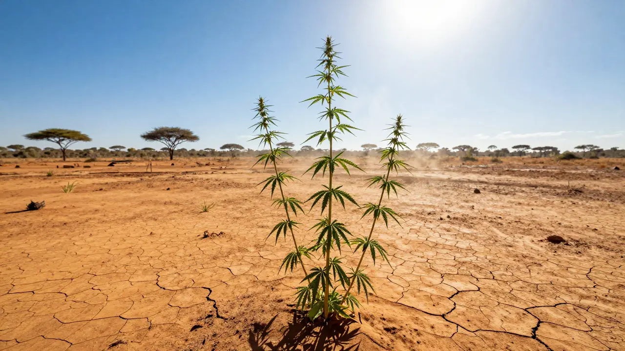 Eine Cannabis Sativa Landrasse in einer heißen, trockenen afrikanischen Savannenlandschaft