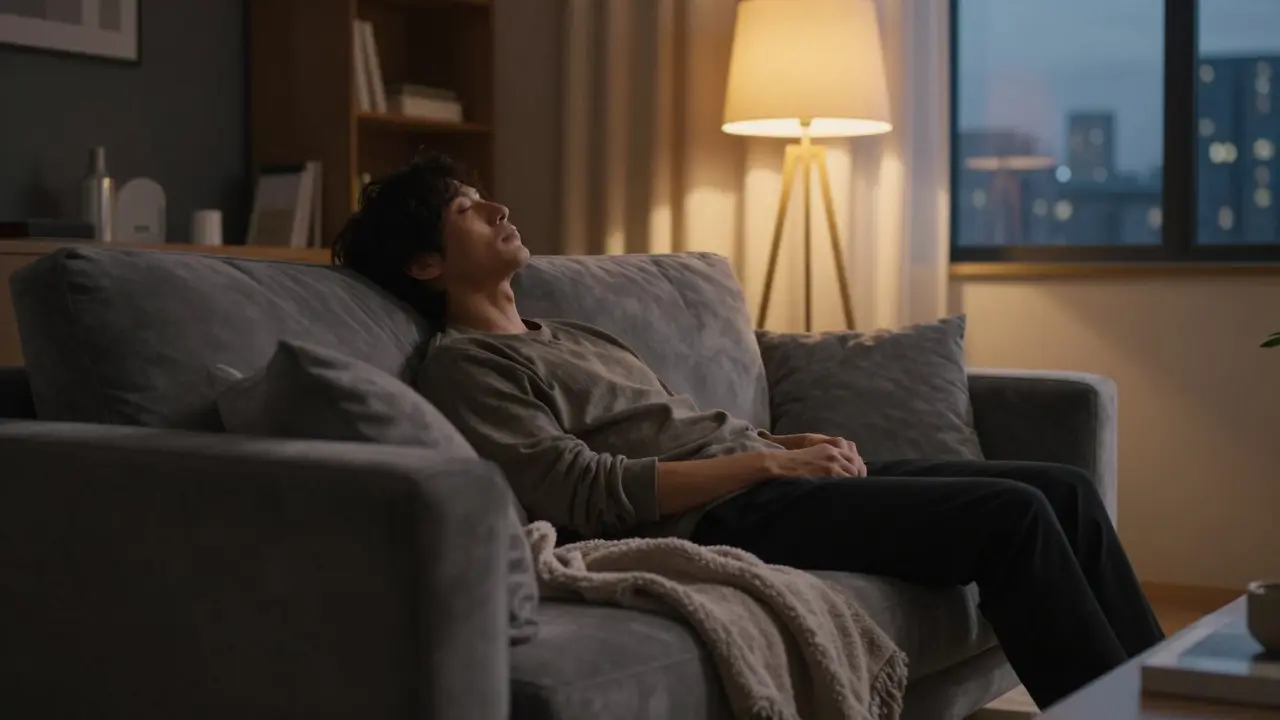 Eine entspannte Person auf einem Sofa in einem gemütlich beleuchteten Wohnzimmer am Abend.