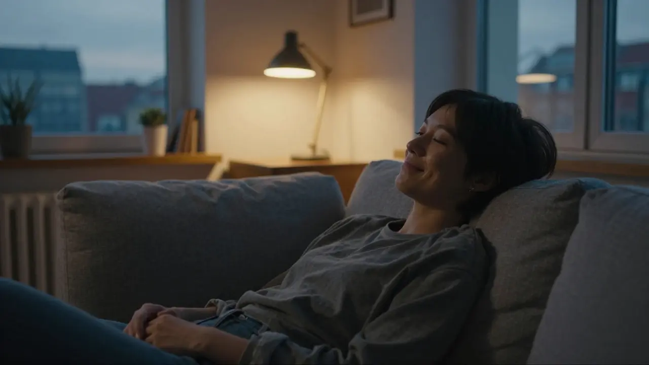 Eine entspannte Person auf einem Sofa in einem gemütlichen Wohnzimmer bei Dämmerung.