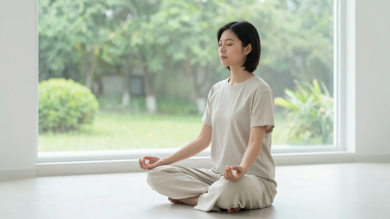 Eine entspannte Person in einem hellen Raum, die innere Ruhe und Erdung ausstrahlt.
