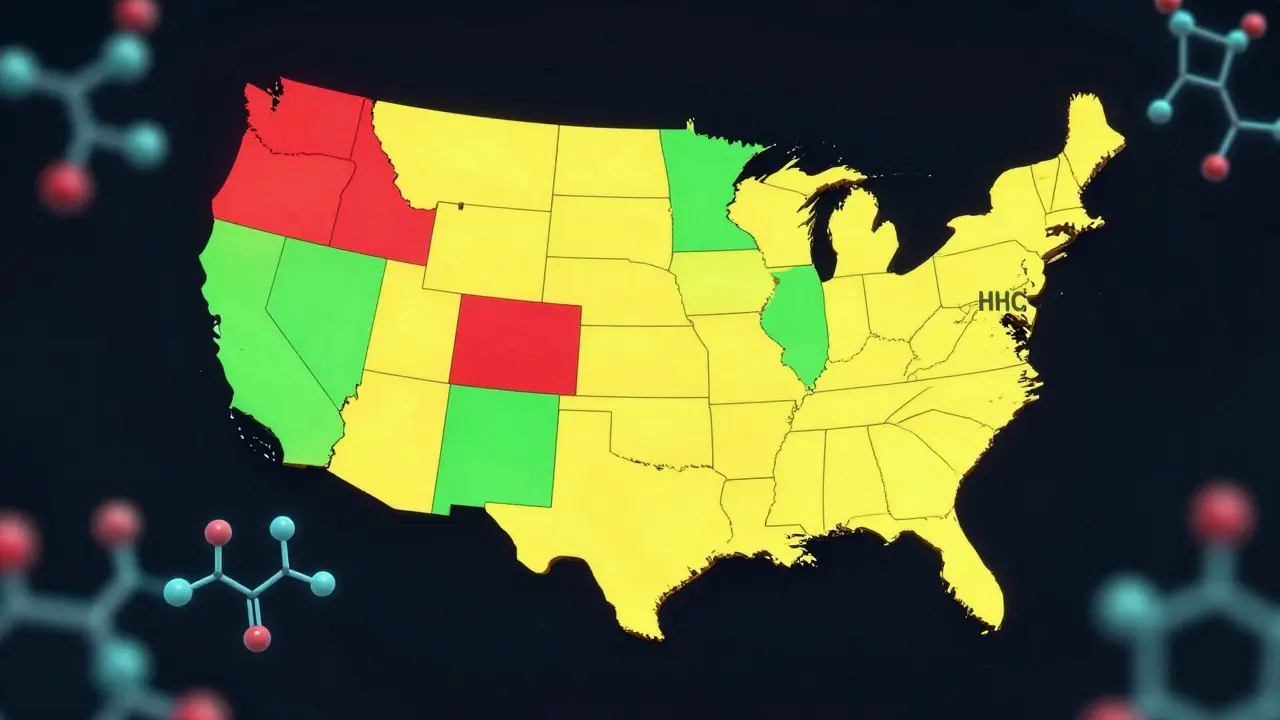 Eine farbige US-Karte zeigt die unterschiedlichen legalen Status von HHC in den Bundesstaaten.