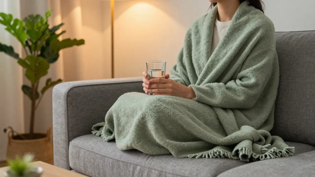 Eine gemütliche Wohnzimmerszene mit einer Person auf einem Sofa, die Wasser trinkt zur Entspannung.