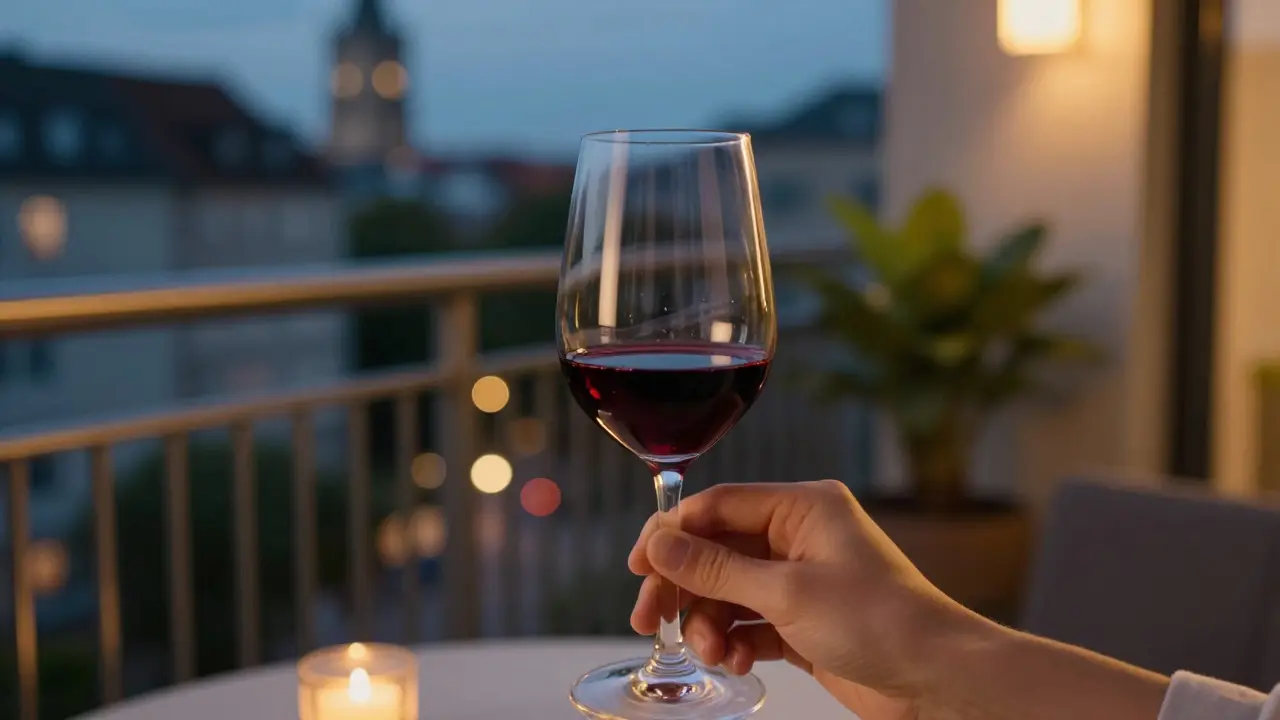 Eine Hand schwenkt sanft ein halb gefülltes Weinglas auf einem Stuttgarter Balkon bei Dämmerung.