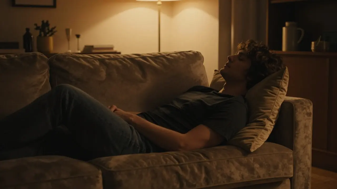 Eine Person, die tief entspannt in einem gemütlichen Sessel sinkt.