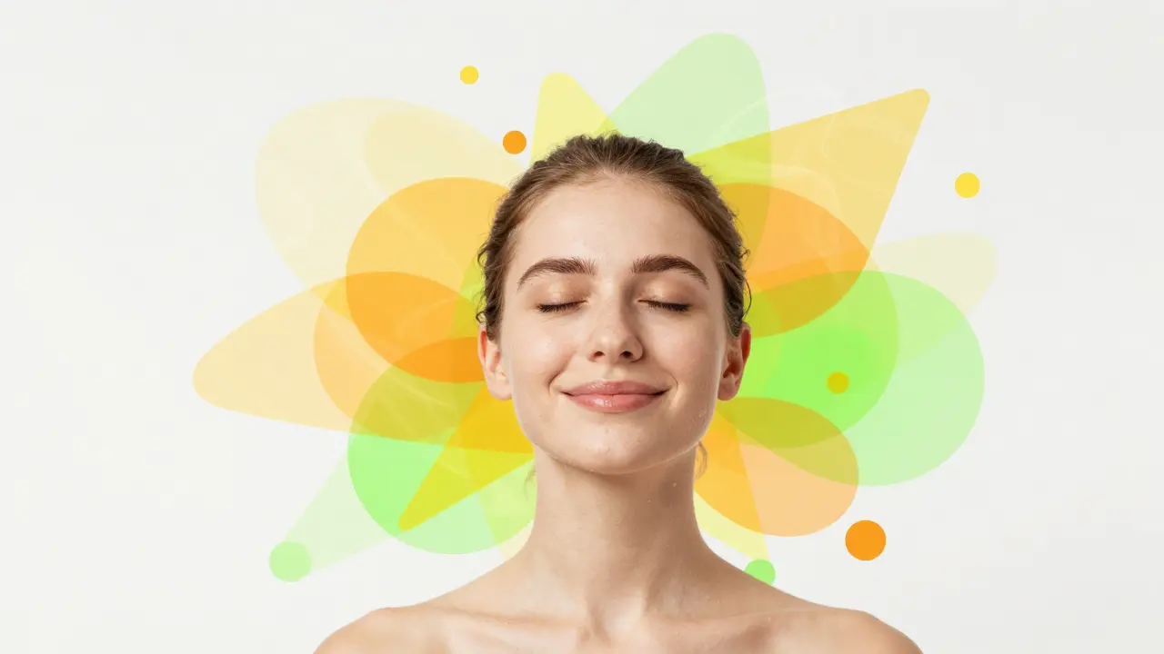 Eine Person in einem Zustand mentaler Klarheit, umgeben von farbenfrohen abstrakten Formen.