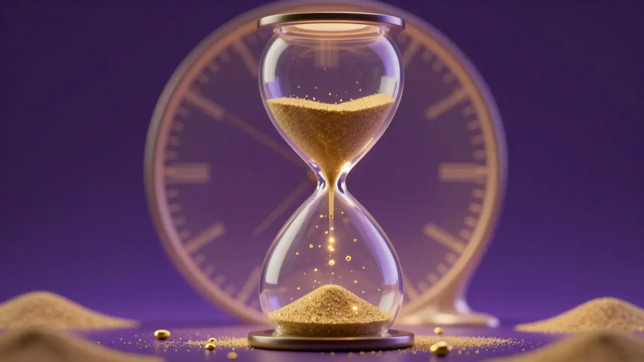 Eine surrealistische Sanduhr mit goldenen Partikeln, die die Wartezeit von Edibles symbolisiert.