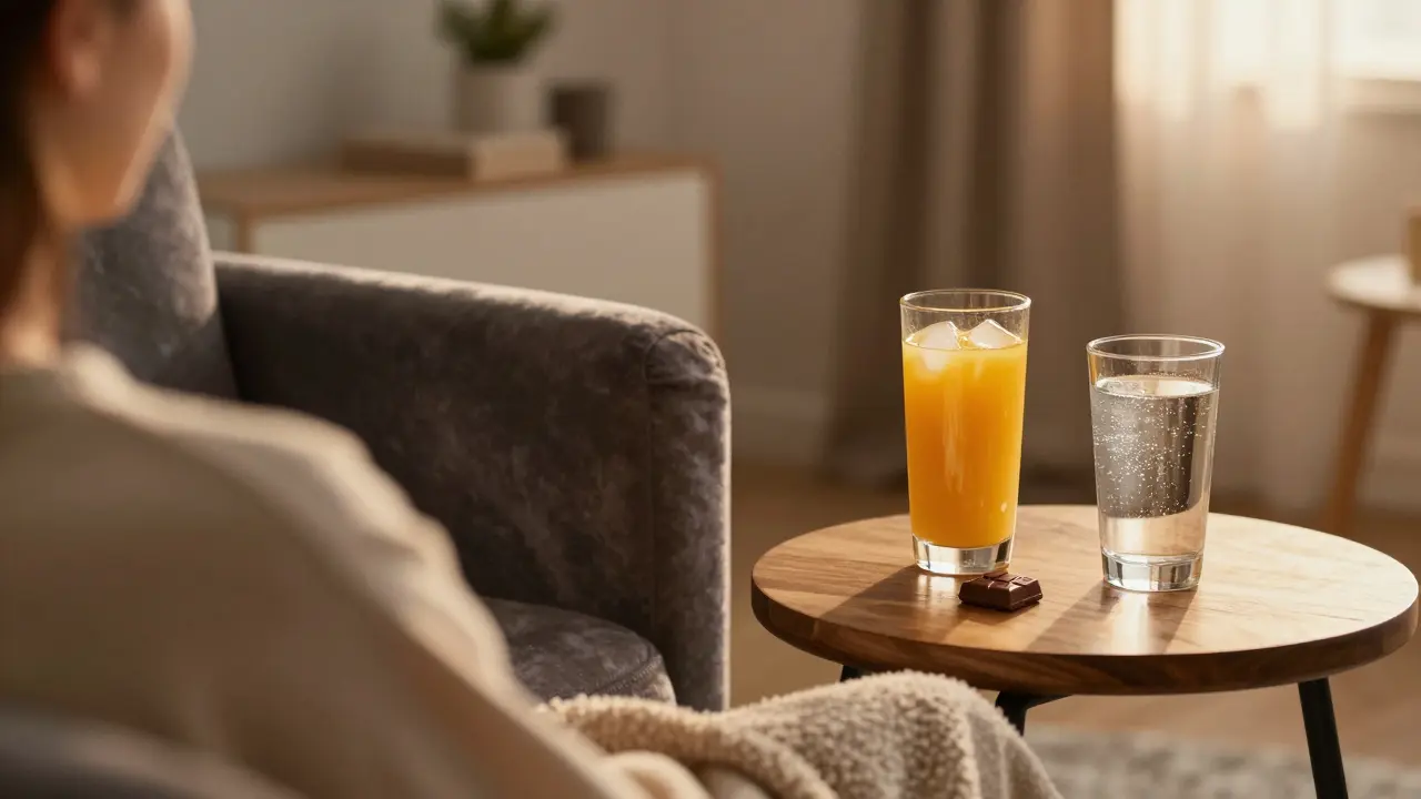 Gemütliche Szene mit einem Stück Schokolade, Orangensaft und Wasser auf einem Beistelltisch.