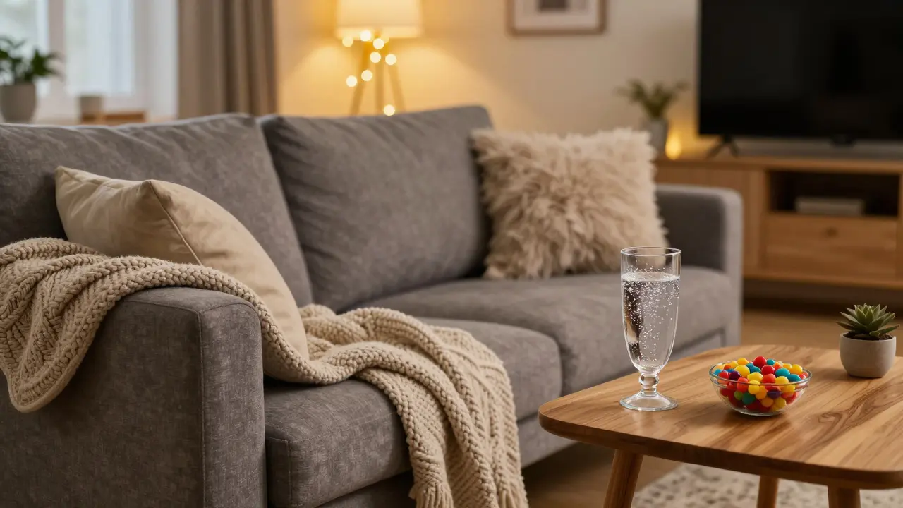 Gemütliches Wohnzimmer mit Sofa, Wasserglas und Süßigkeiten als entspannter Rückzugsort.