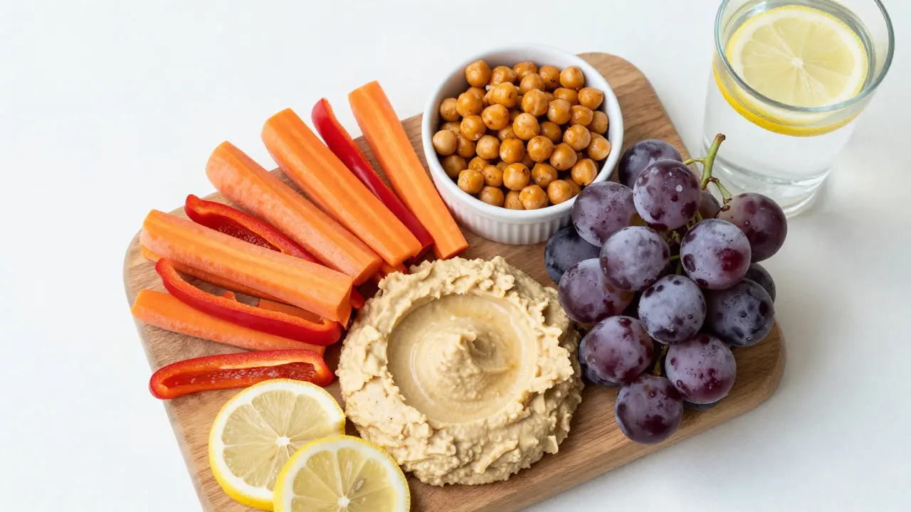 Gesunde Snacks mit Hummus, Gemüsesticks und gefrorenen Weintrauben auf einem Holzbrett.