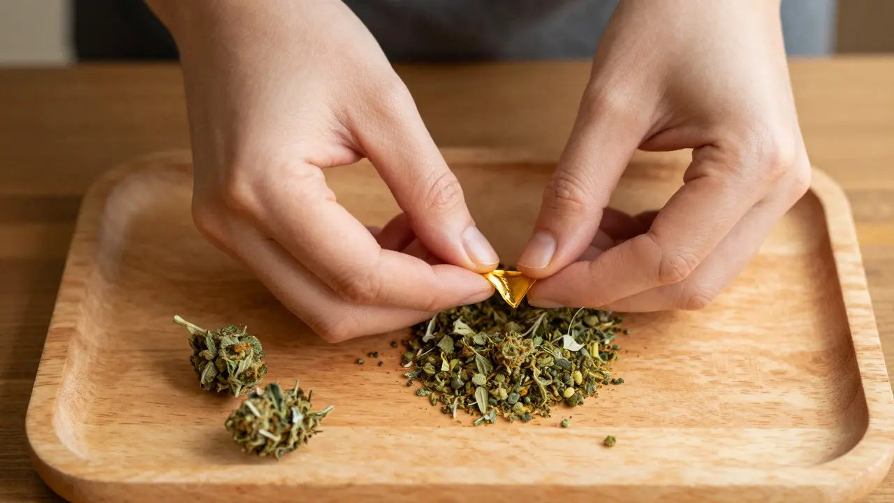 Hände mischen CBD Crumble mit Cannabisblüten auf einem Holztablett.