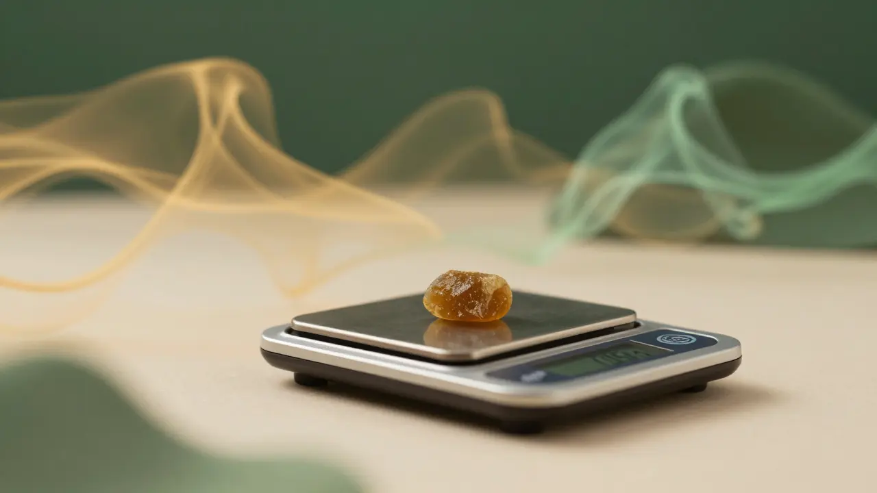 Kleine Menge CBD-Hash neben einer Präzisionswaage mit beruhigenden Lichteffekten.