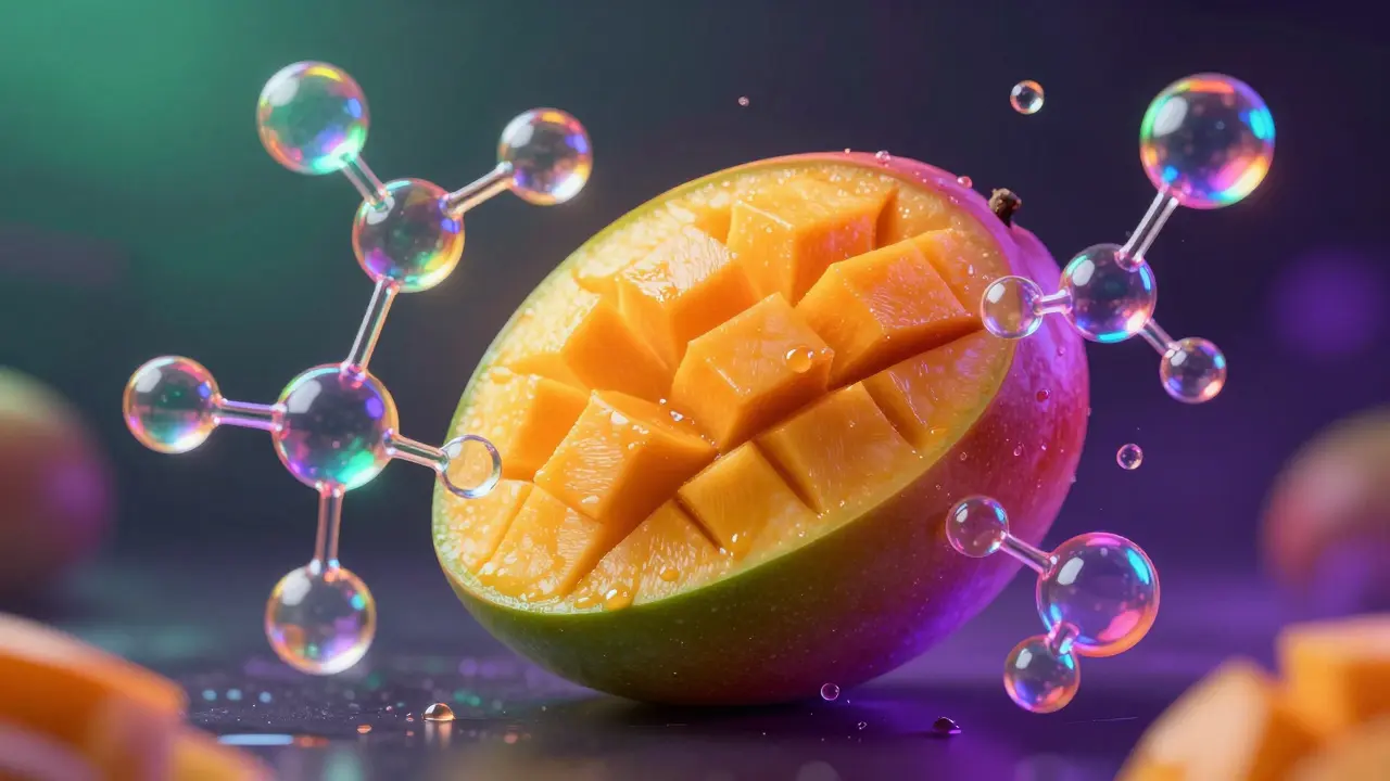 Konzeptionelle Darstellung einer Mango mit schwebenden Molekülen und Terpenen.