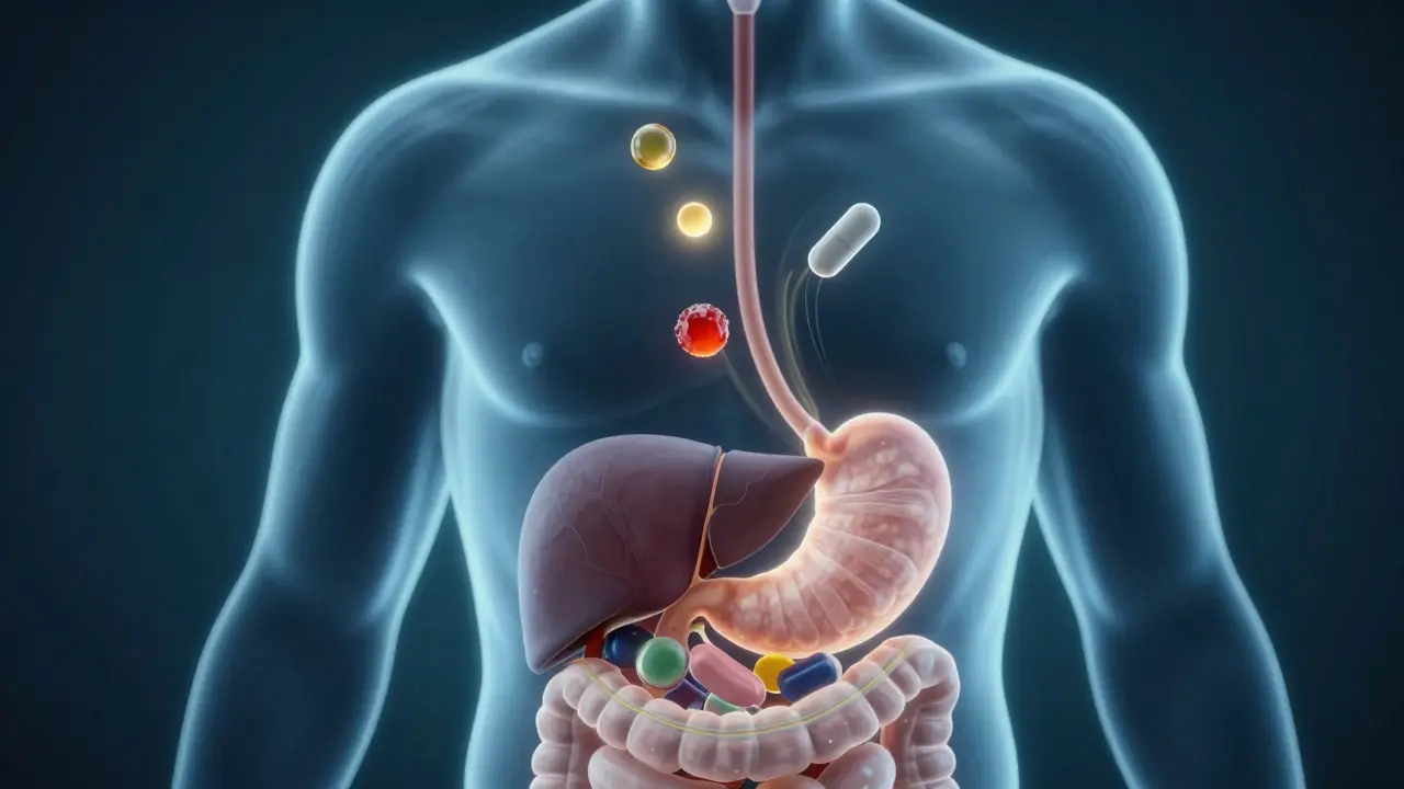 Konzeptuelle Darstellung der CBD-Aufnahme im Körper über den Magen und die Leber.