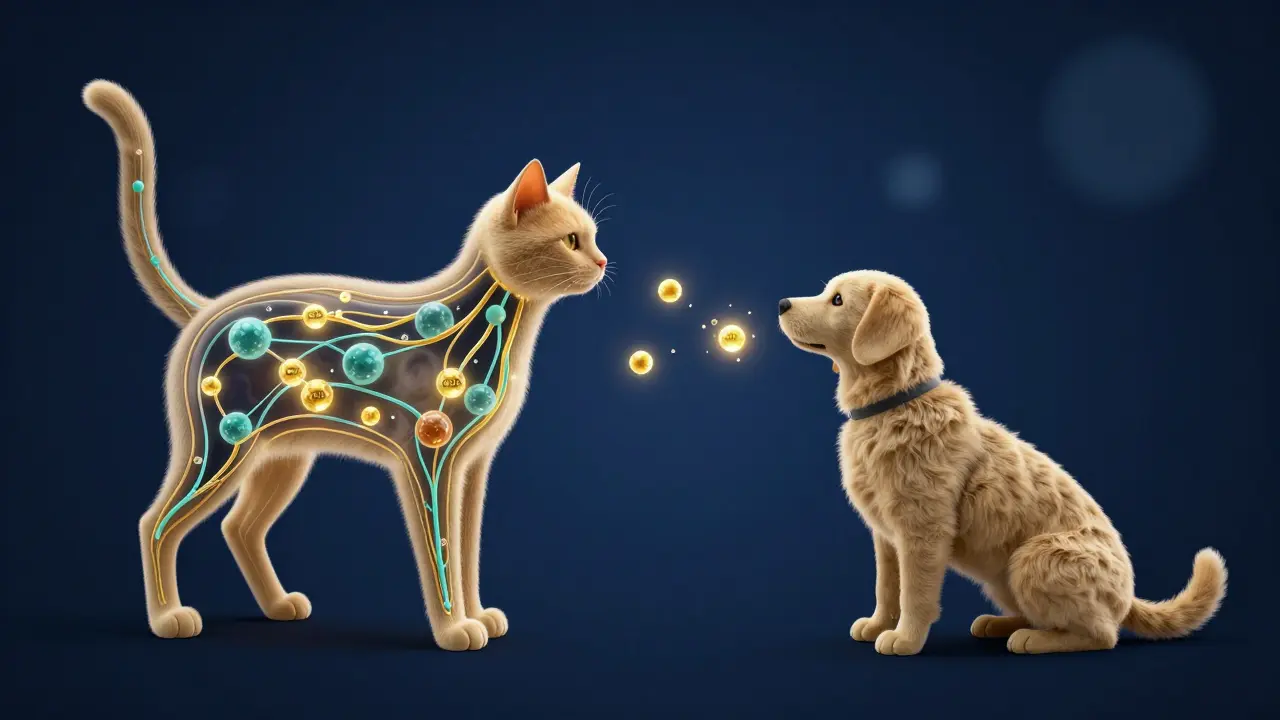 Konzeptuelle Darstellung des Endocannabinoid-Systems bei Hund und Katze mit CBD-Molekülen.