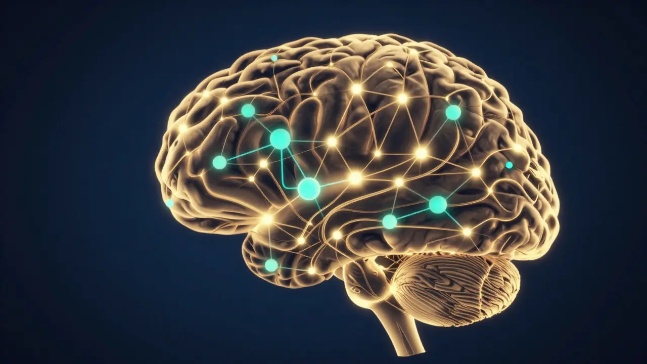 Konzeptuelle Darstellung des Endocannabinoid-Systems mit CBD-Molekülen im Gehirn.