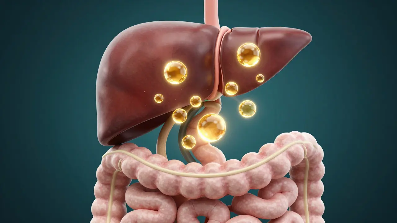 Konzeptuelle Darstellung von CBD-Molekülen beim Durchgang durch Leber und Verdauungstrakt.