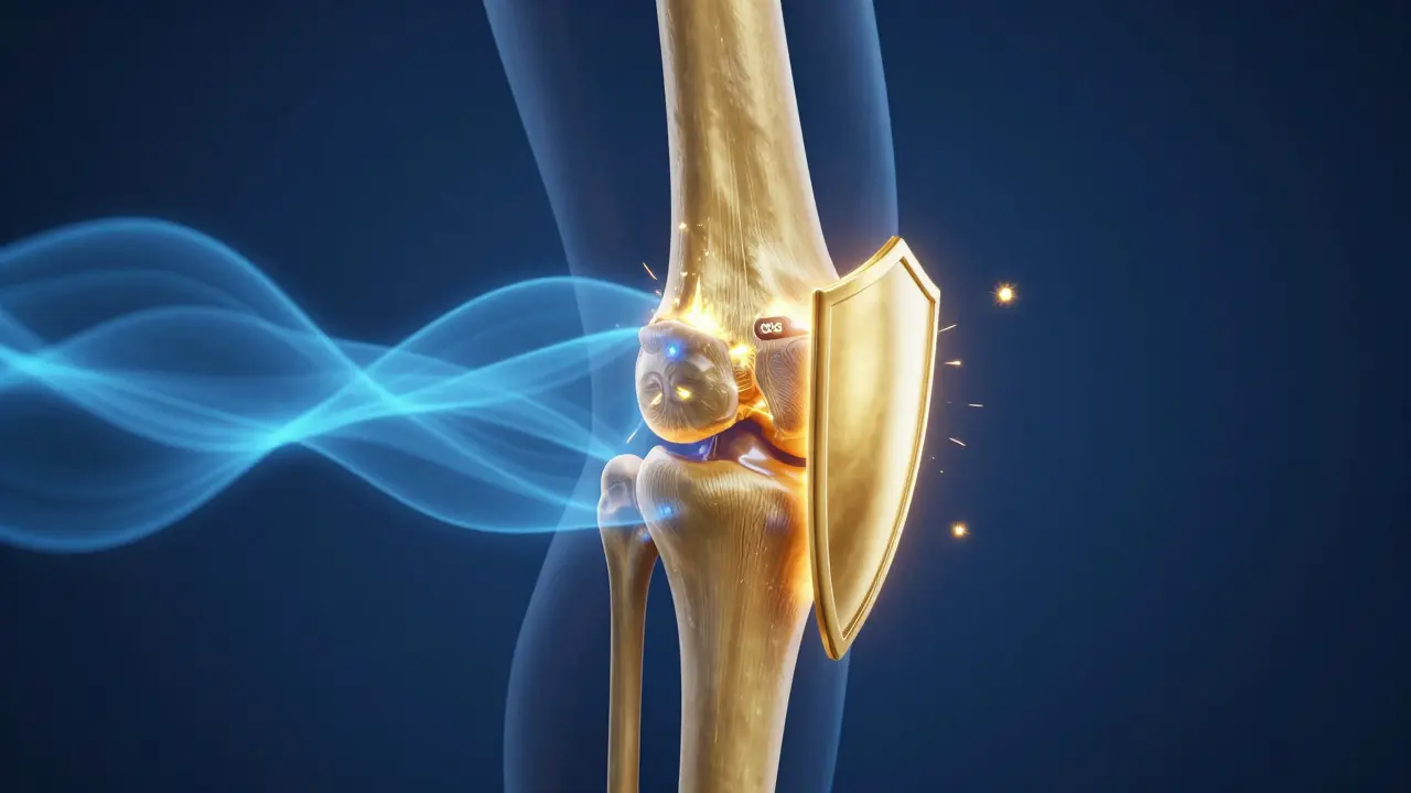 Konzeptuelle Darstellung von CBD und CBG, die ein Gelenk vor Entzündungen schützen.