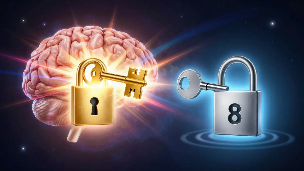 Konzeptuelle Darstellung von Delta 8 und Delta 9 THC als Schlüssel an Rezeptoren.