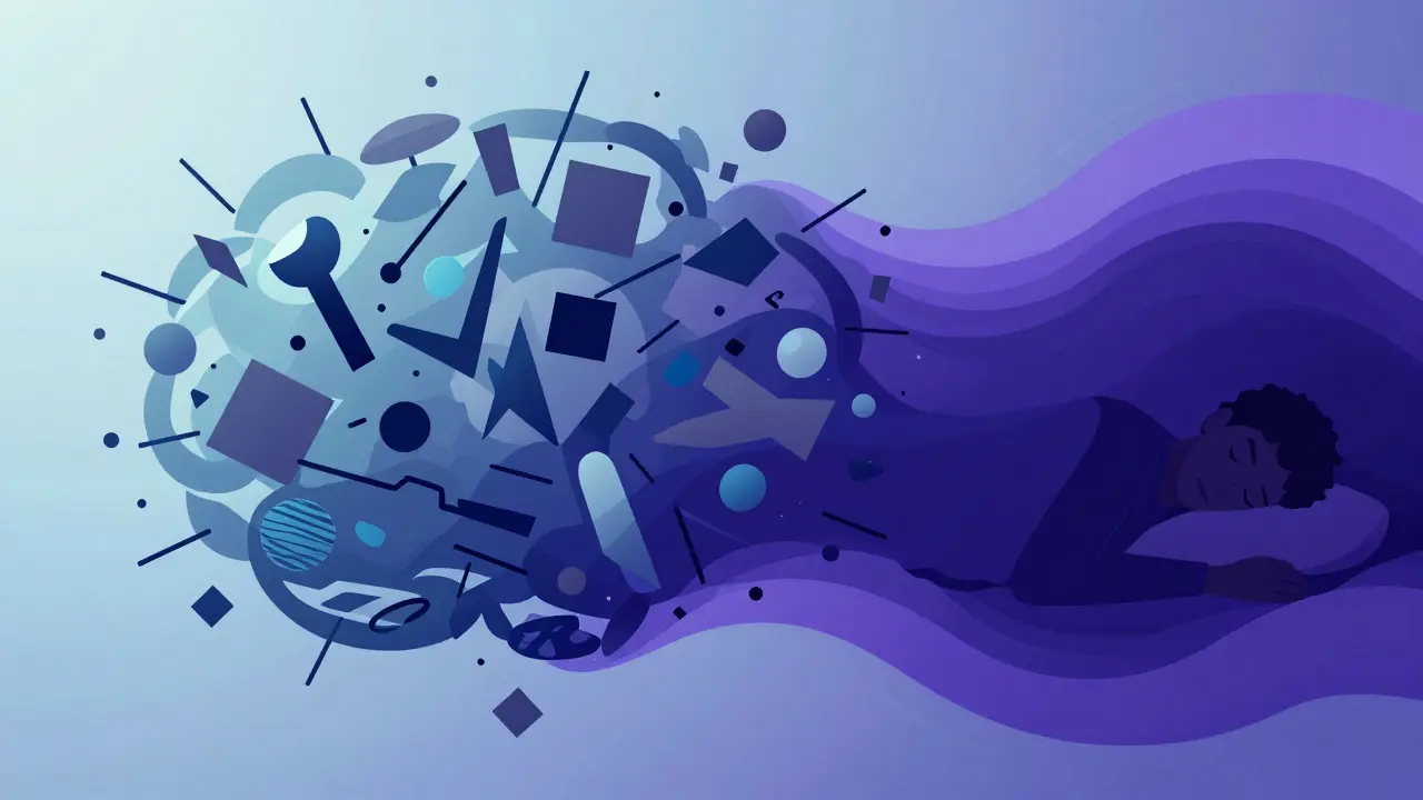 Konzeptuelle Illustration des Übergangs von mentalem Stress zu tiefem, ruhigem Schlaf.