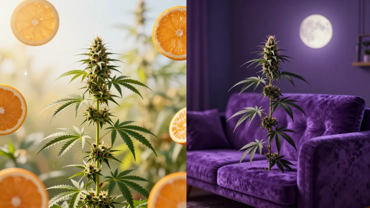 Künstlerische Darstellung des Unterschieds zwischen belebender Sativa und entspannender Indica.