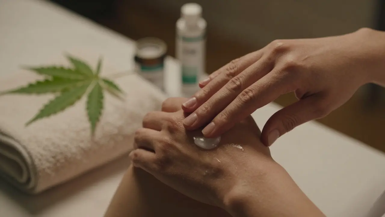 Nahaufnahme einer Hand, die therapeutische CBD-Creme auf ein Gelenk aufträgt.