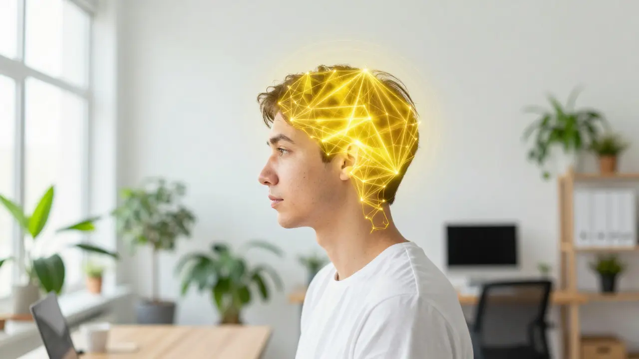 Person mit einer leuchtenden Aura, die geistige Klarheit und Energie symbolisiert.