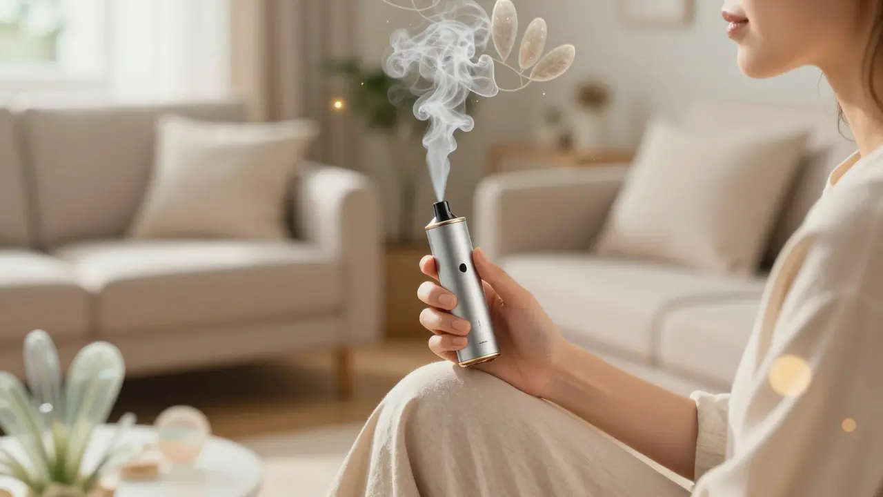 Person mit Vaporizer in einer entspannten, lichtdurchfluteten Umgebung