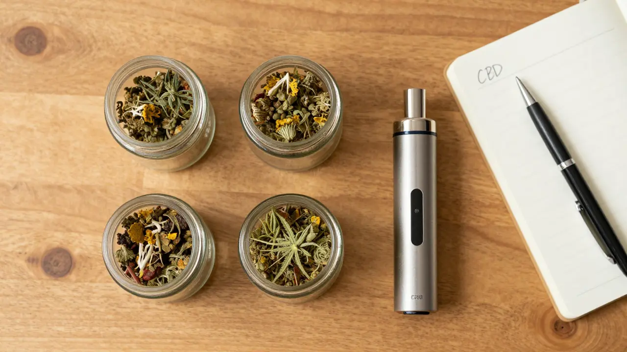Set mit drei verschiedenen CBD-Blüten in Gläsern, einem Vaporizer und einem Notizbuch auf Holzgrund.