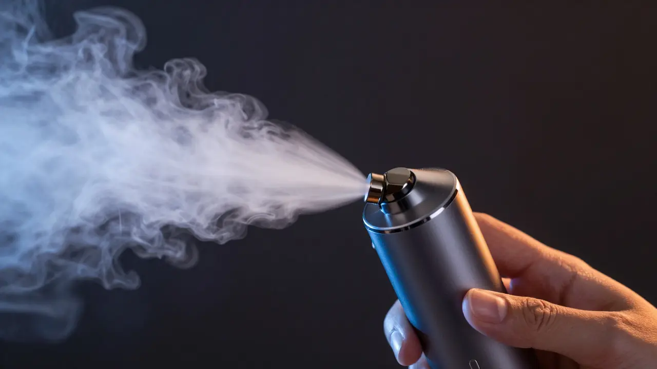 Vaporizer-Gerät mit einer dichten weißen Dampfwolke bei der Benutzung.