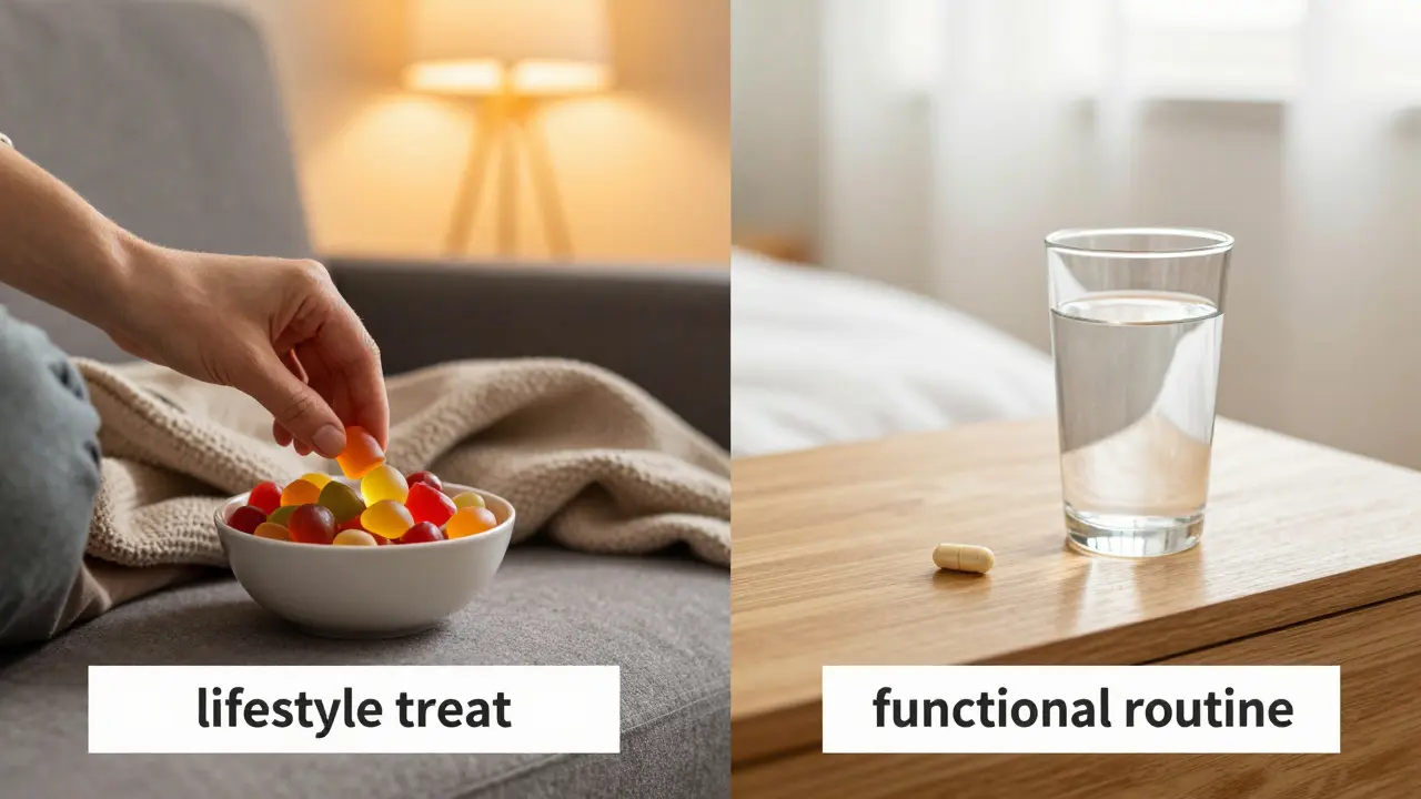 Vergleich zwischen einem entspannten Abend mit CBD-Gummies und einer morgendlichen Routine mit Kapseln.