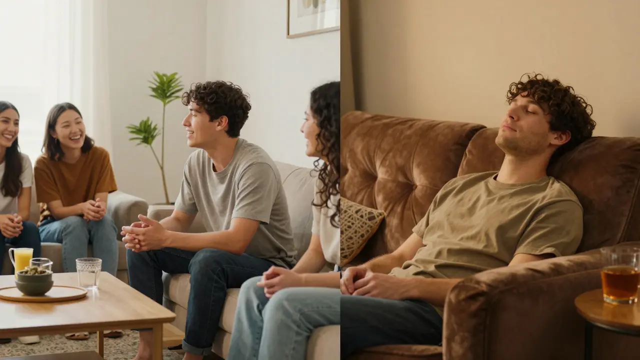 Vergleich zwischen entspannter Geselligkeit und tiefem High auf einem Sofa.