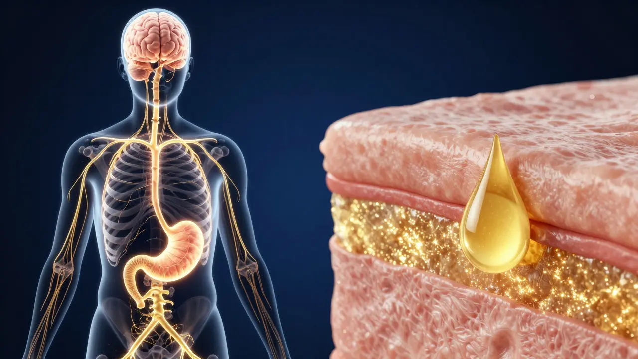 Visualisierung der systemischen Wirkung von oralem CBD gegenüber der lokalen Wirkung von topischem CBD.
